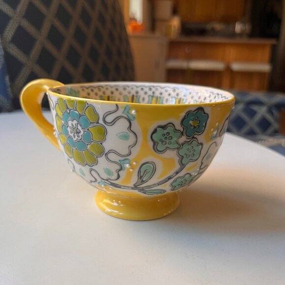 Anthropologie Elka Ayaka Footed Yellow Floral Mug Twisted Handle - Picture 5 of 14